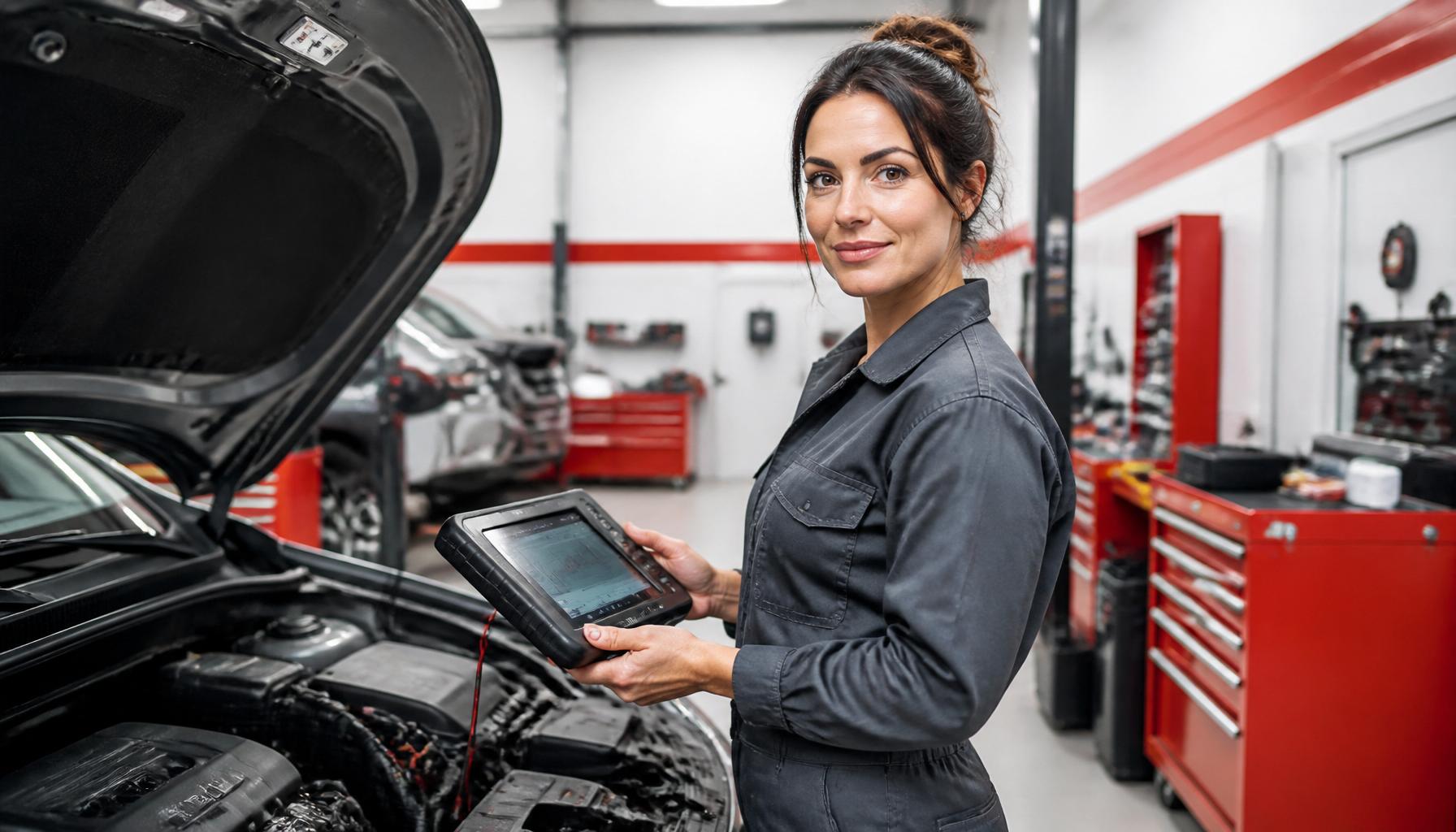 Automotive diagnostic technician working in a modern car service workshop